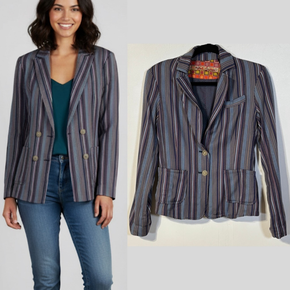 Robert Graham Striped Wool Blazer Women’s XS Blue Brown Pockets Jacket